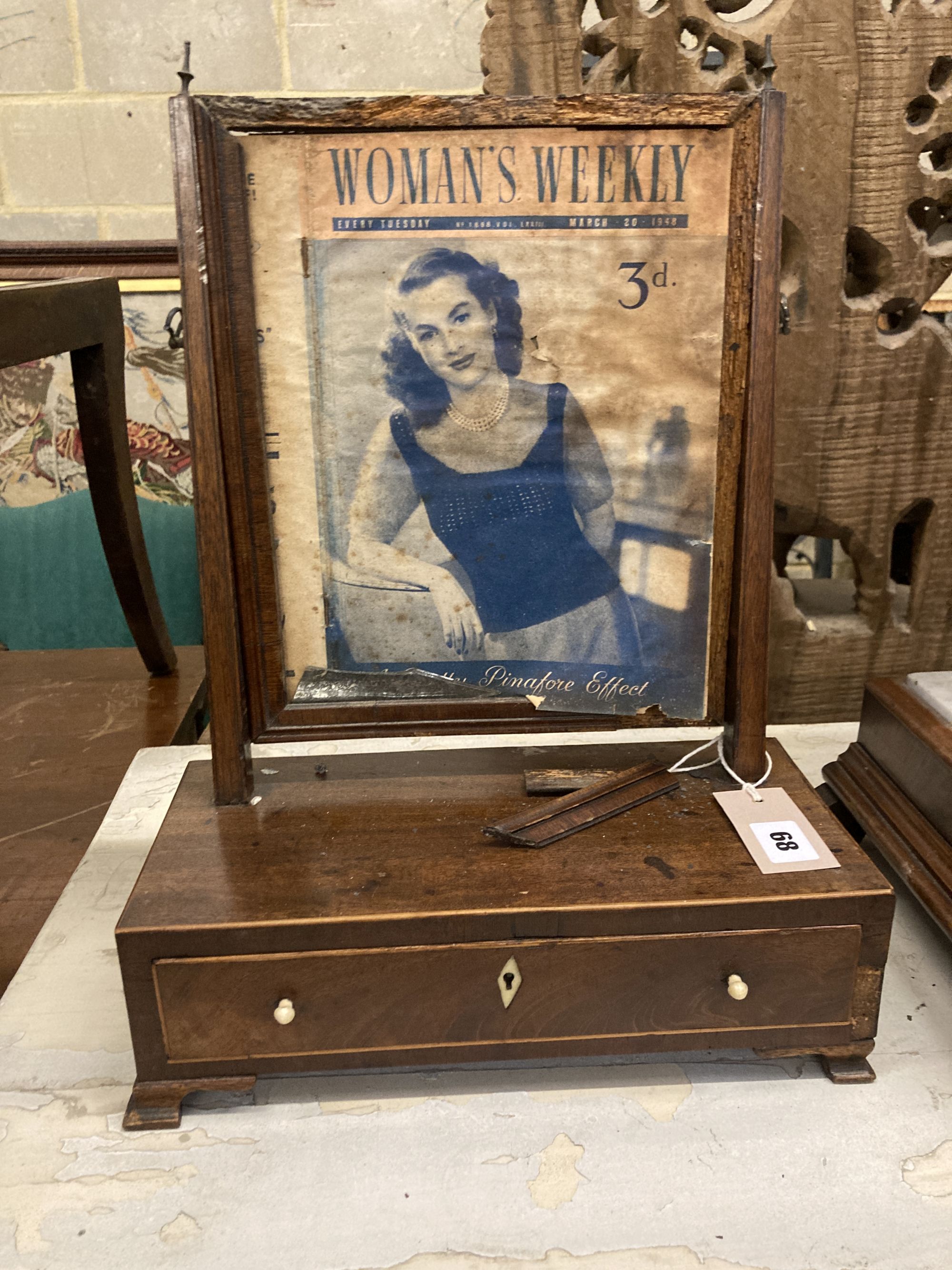 A 19th century Continental mahogany and white marble toilet mirror, width 54cm, depth 26cm, height 73cm, together with a smaller George